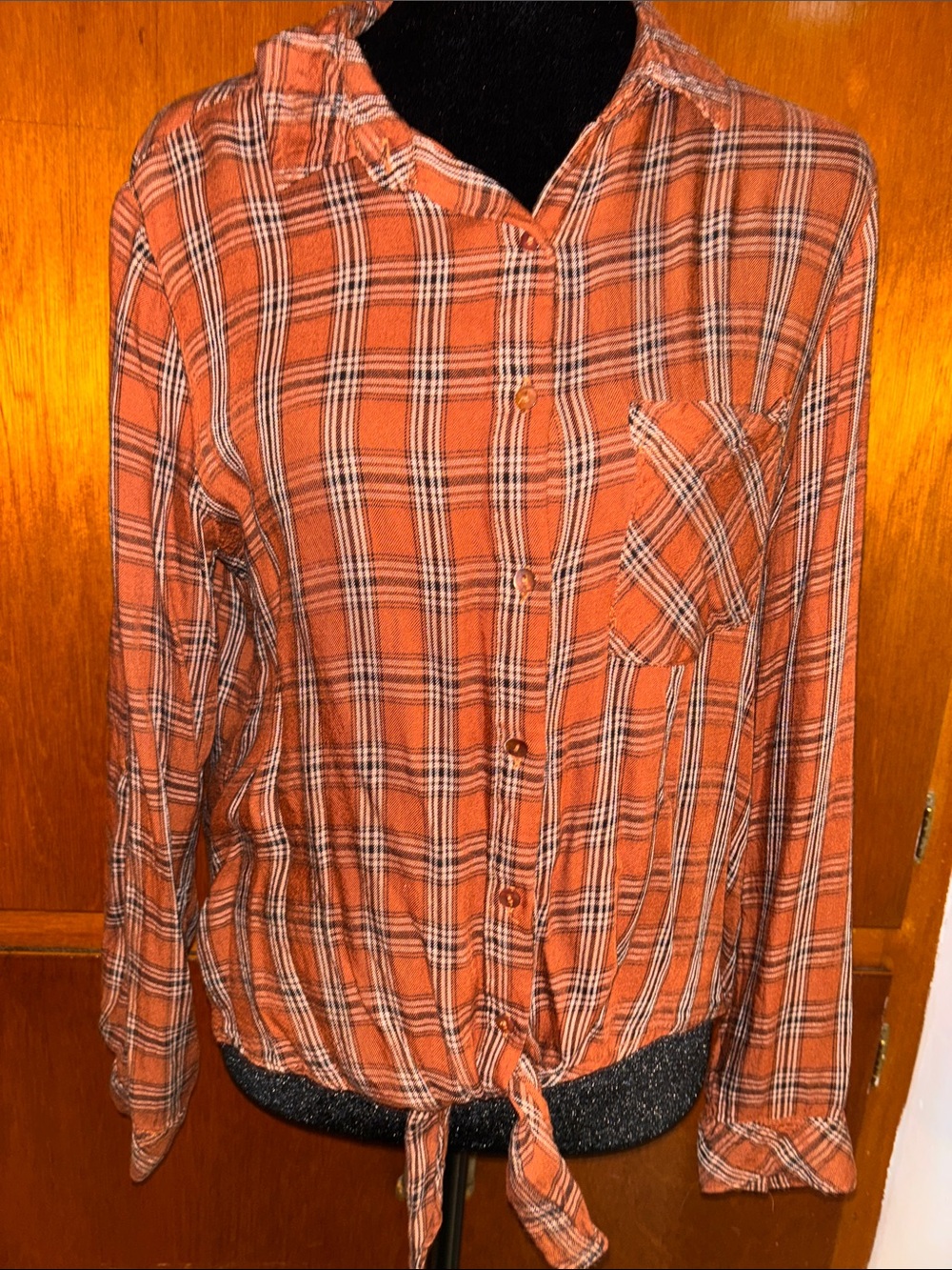 Orange/Rust Plaid Tie-Front Button-Up Shirt SZ LARGE